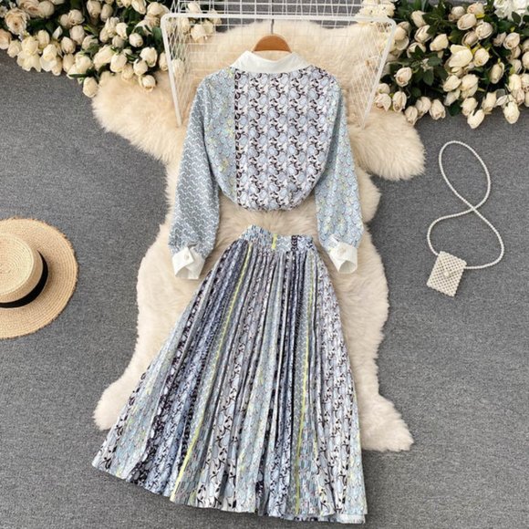 Elegant Breasted Print Tops And Midi Skirt Set - Picture 2 of 13